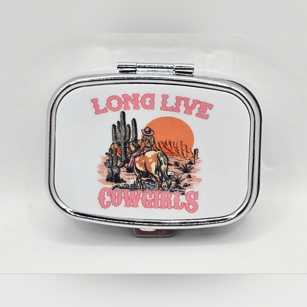 Western Cowgirl Metal 2‎ Compartment Travel Pill Organizer Case
